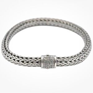 Sterling Woven Chain Bracelet with Diamond Pave Clasp, 925 Silver